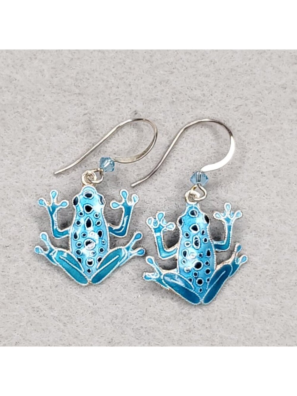 Sterling Silver Cloisonne Frog Earrings Dangle Blue Spotted 3/4" Bamboo Brand